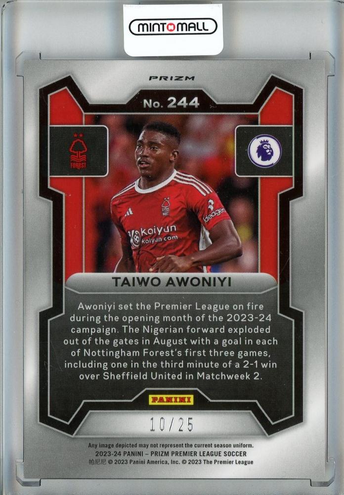 2023-24 Panini Prizm Premier League Soccer Taiwo Awoniyi Base/Purple Mojo Prizms/#24410/25 Nottingham Forest FC