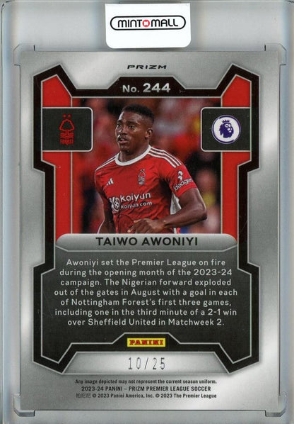 2023-24 Panini Prizm Premier League Soccer Taiwo Awoniyi Base/Purple Mojo Prizms/#24410/25 Nottingham Forest FC