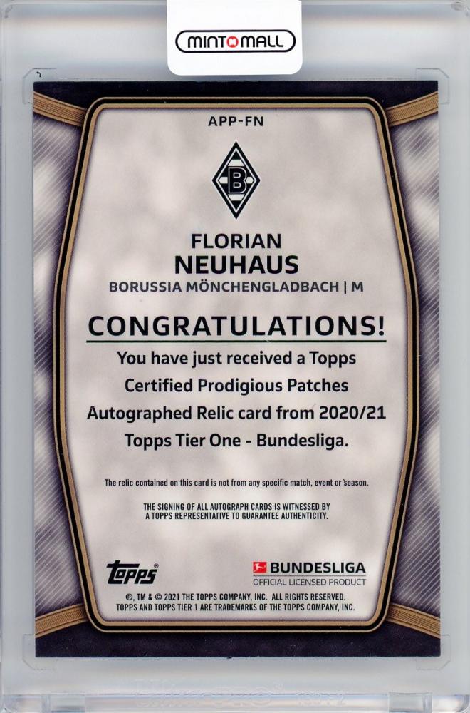 2020-21 TOPPS Tire One Borussia Monchengladbach Florian Neuhaus autographed patch card serial numbered 7 of 10