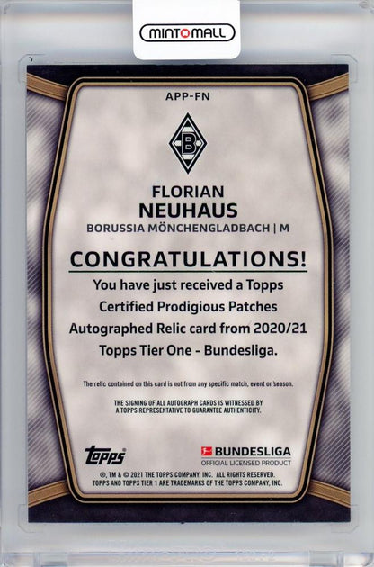 2020-21 TOPPS Tire One Borussia Monchengladbach Florian Neuhaus autographed patch card serial numbered 7 of 10