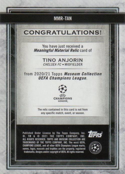 2020-21 Topps Museum Collection Tino Anjorin Relics card serial number 054 of 150 with surface sunburn