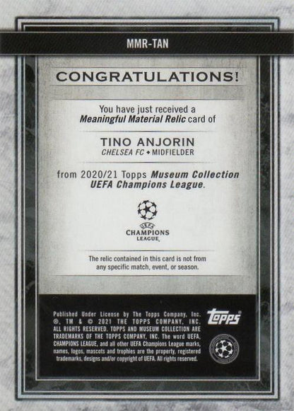 2020-21 Topps Museum Collection Tino Anjorin Relics card serial number 054 of 150 with surface sunburn