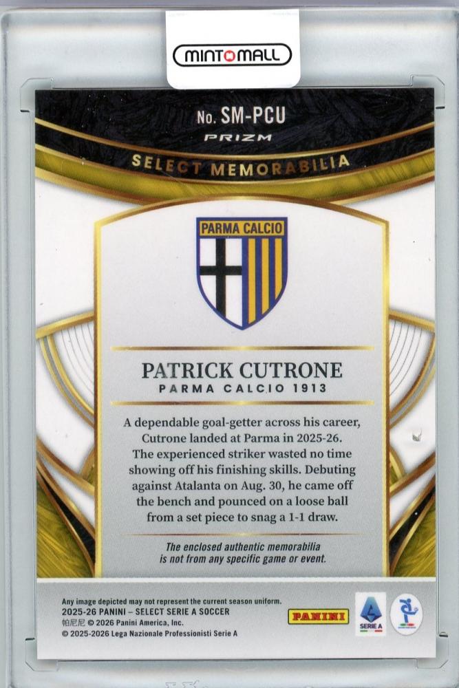 2025-26 PANINI SELECT SERIE A Patrick Cutrone Jersey #SM-PCU Parma Calcio 1913