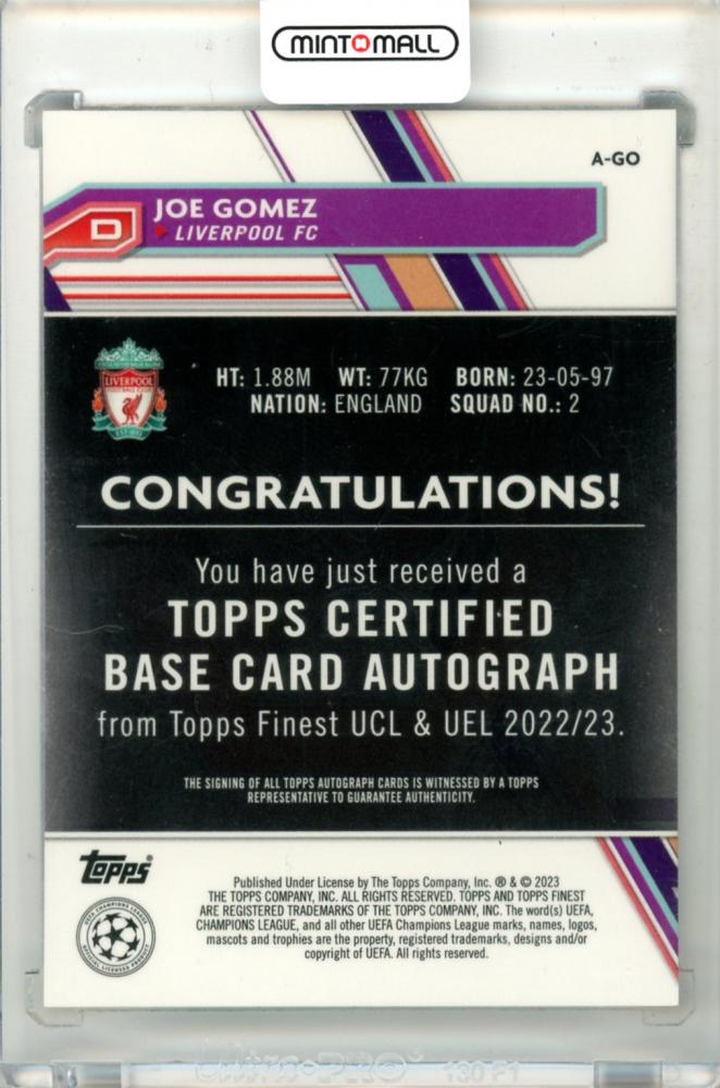 2022-23 Topps Finest UEFA Club Competition Joe Gomez #A-GO Base Autograph Card Liverpool FC