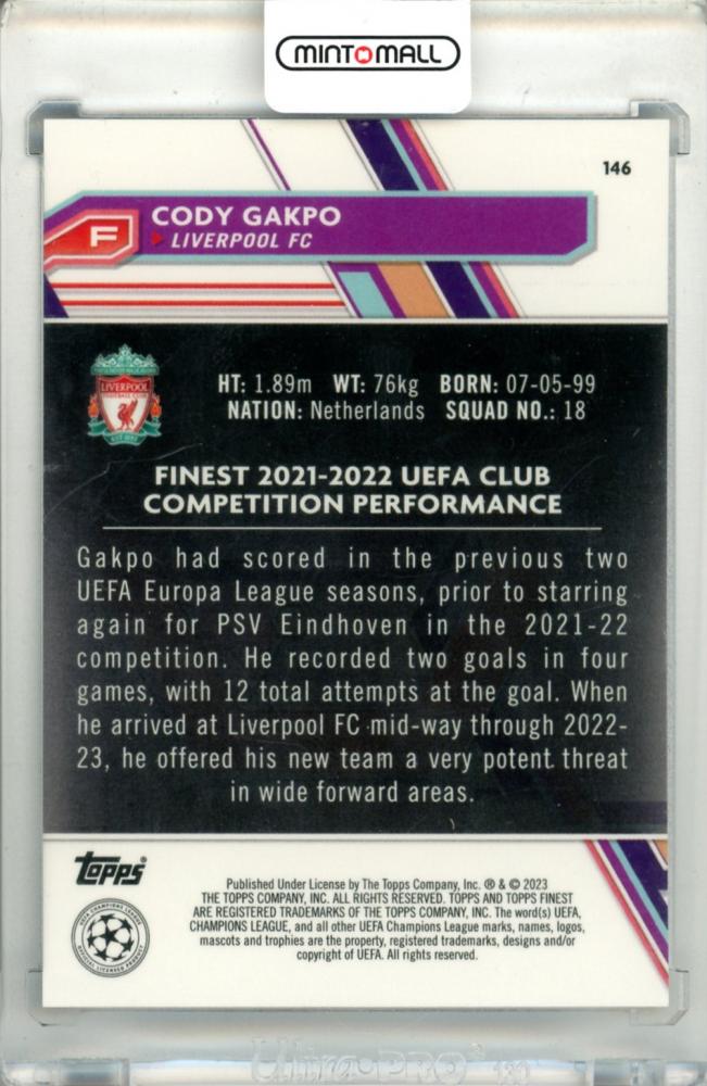 2022-23 Topps Finest UEFA Club Competition Cody Gakpo #146 Base Blue Aqua Vaporware Refractor072/250 Liverpool FC