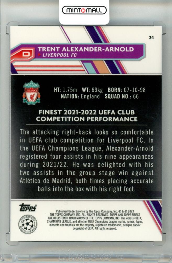 2022-23 Topps Finest UEFA Club Competition Trent Alexander-Arnold #24 Base Purple Refractor Parallel002/299 Liverpool FC