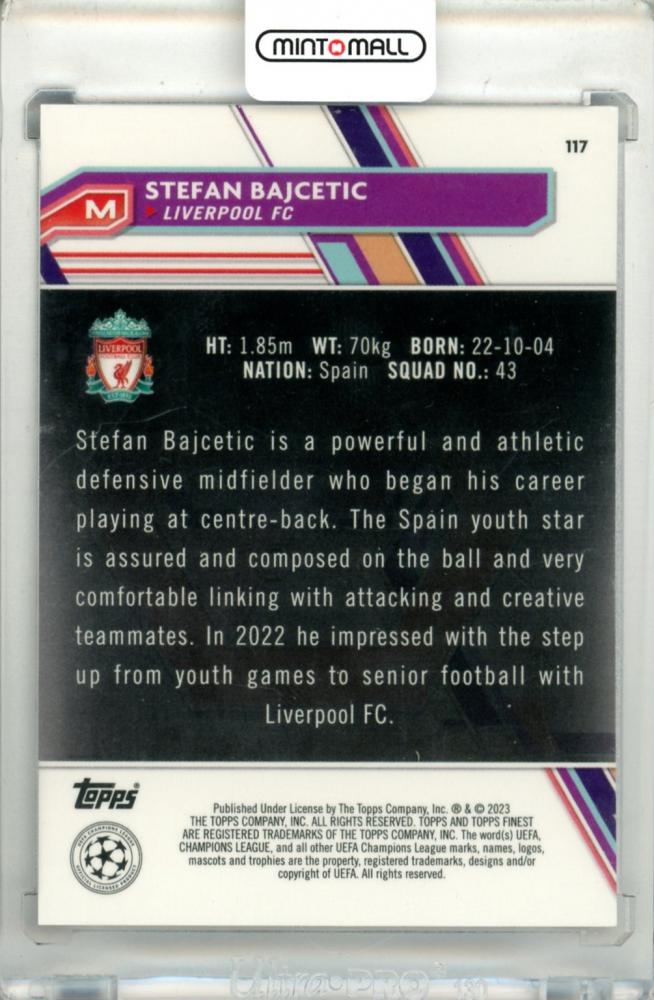 2022-23 Topps Finest UEFA Club Competition Stefan Bajcetic #117 Base Purple Refractor Parallel 041/299 Liverpool FC