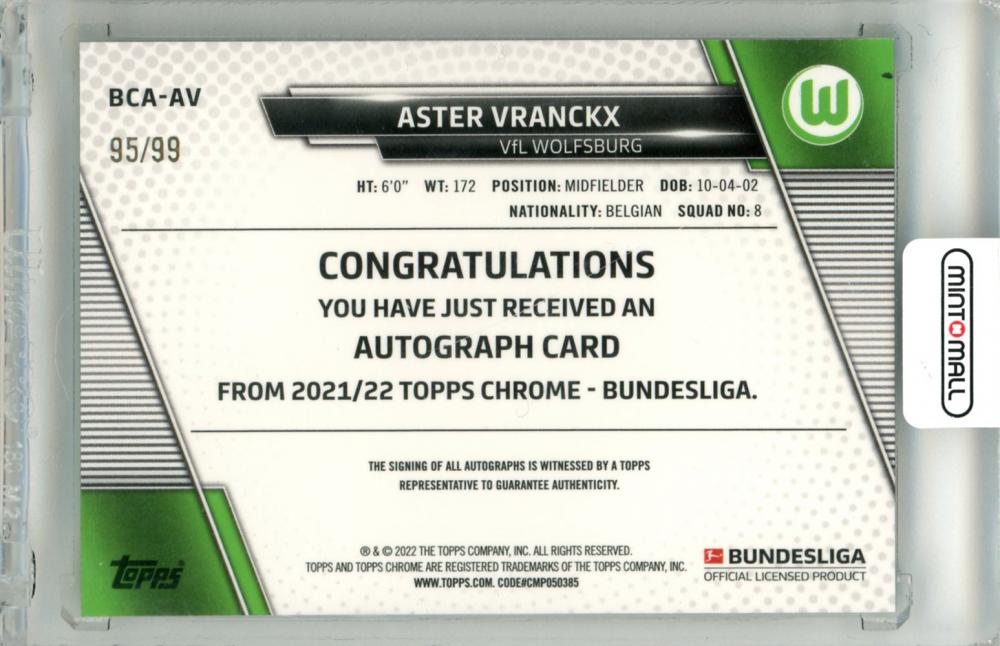 2021-22 Topps Chrome Bundesliga Aster Vranckx #BCA-AV Base Autograph Green Refractor Parallel 95/99 Vfl Wolfsburg