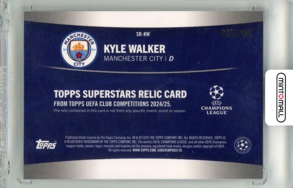 2024-25 Topps UEFA Club Competitions Kyle Walker #SR-KW Topps Superstar Relics Purple Foilboard Card015/299 Manchester City