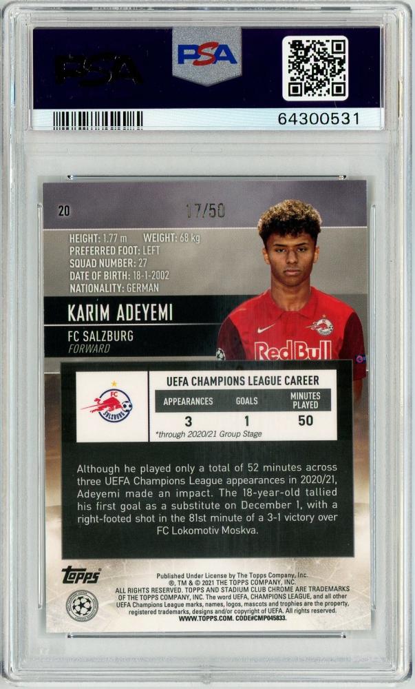 2020-21 Topps Stadium Chrome UCL Karim Adeyemi PSA 10 Gold Refractor rookie card serial 17 of 50
