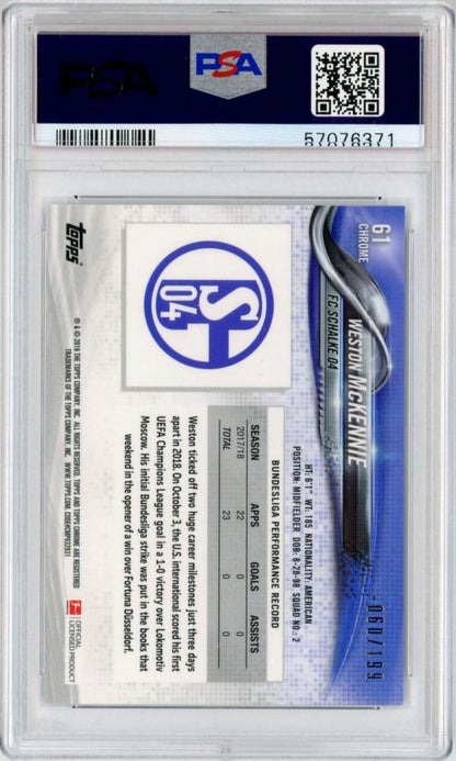 PSA10 graded 2018-19 Topps Chrome Bundesliga Weston Mckennie Blue Refractor card numbered 60 of 199