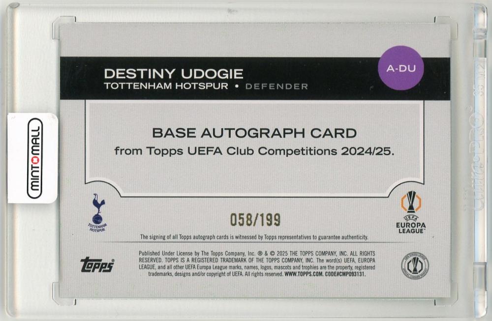 2024-25 Topps UEFA Club Competitions Destiny Udogie Autograph Green Foilboard Parallel58/199 Tottenham Hotspur