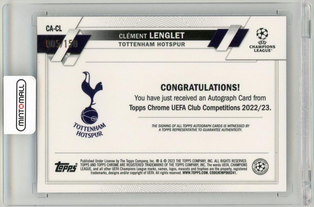 2022-23 Topps Chrome UEFA Club Competitions Clement Lenglet Autograph Blue Refractor Parallel 5/150 Tottenham Hotspur