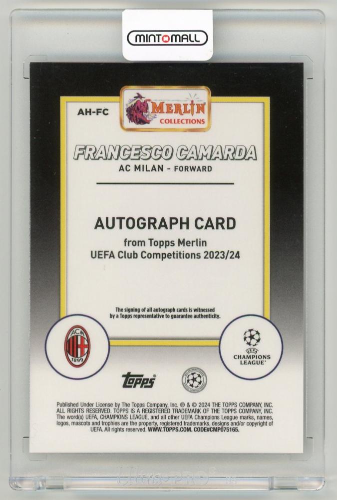 2023-24 Topps Merlin Chrome UEFA Club Competitions Francesco Camarda AutographAH-FC AC Milan