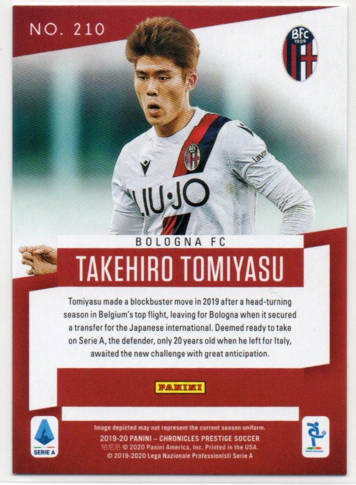 2019-20 Panini Chronicles Prestige Purple Parallel rookie card of Takehiro Tomiyasu from Bologna FC, numbered 47/199