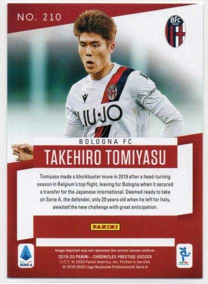 2019-20 Panini Chronicles Prestige Purple Parallel rookie card of Takehiro Tomiyasu from Bologna FC, numbered 47/199