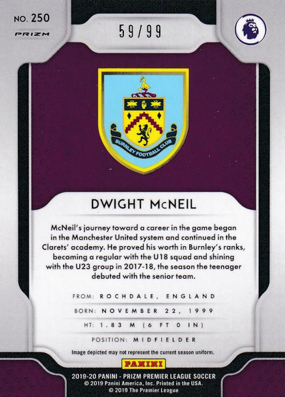 2019-20 Panini Prizm Premier League Burnley Dwight McNeil Purple Parallel card numbered 59 of 99