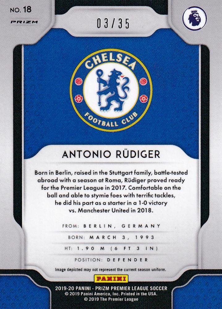 2019-20 Panini Prizm Premier League Chelsea FC Antonio Rudiger Base Breakaway Teal parallel card serial numbered 03/35