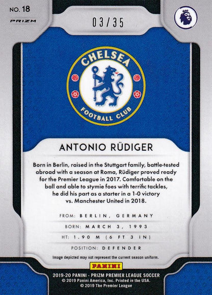2019-20 Panini Prizm Premier League Chelsea FC Antonio Rudiger Base Breakaway Teal parallel card serial numbered 03/35