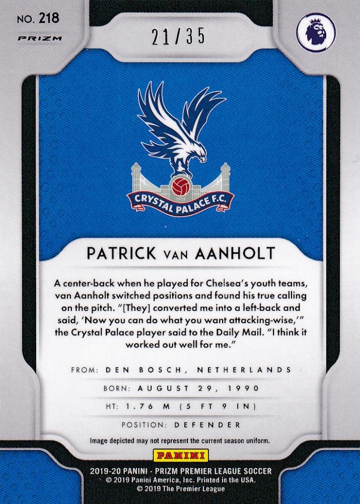 2019-20 Panini Prizm Premier League Patrick van Aanholt Crystal Palace teal parallel trading card number 21 of 35