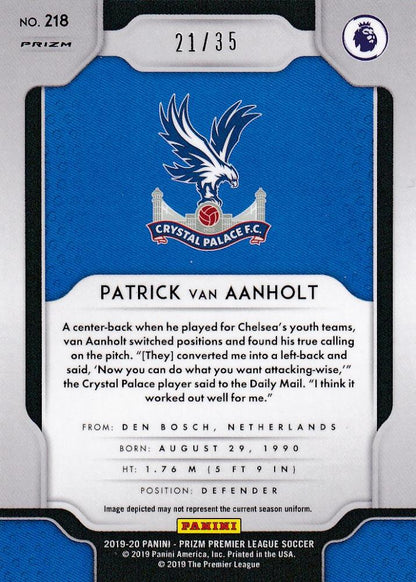 2019-20 Panini Prizm Premier League Patrick van Aanholt Crystal Palace teal parallel trading card number 21 of 35