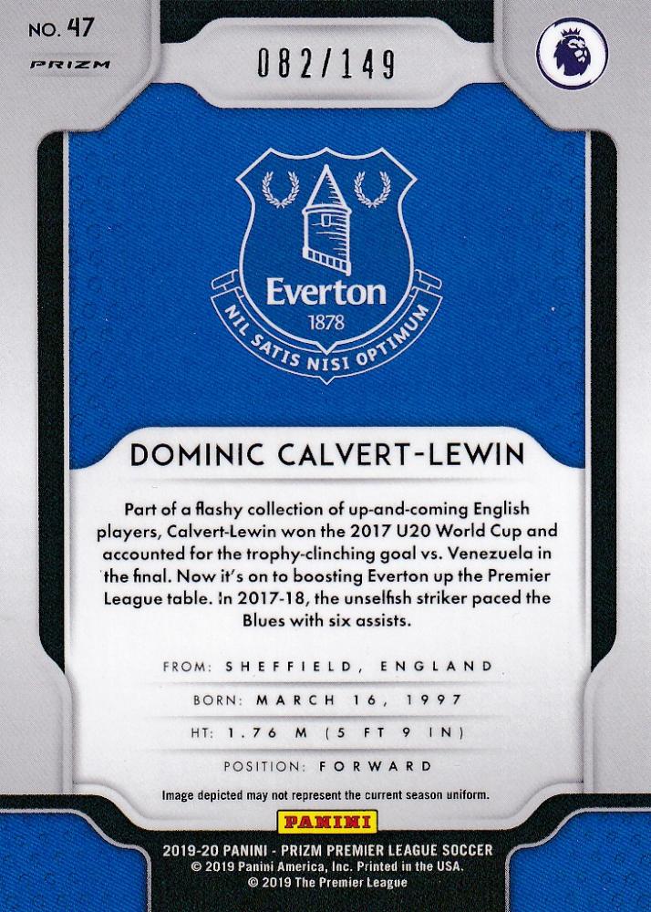 2019-20 Panini Prizm Premier League Everton Dominic Calvert-Lewin Red Parallel trading card numbered 082 of 149