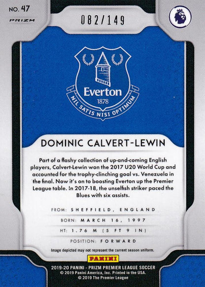 2019-20 Panini Prizm Premier League Everton Dominic Calvert-Lewin Red Parallel trading card numbered 082 of 149