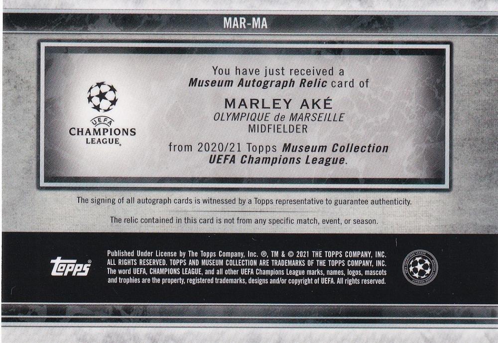 2020-21 Topps Museum Collection UEFA Champions League Olympique de Marseille Marley Ake autograph relic card