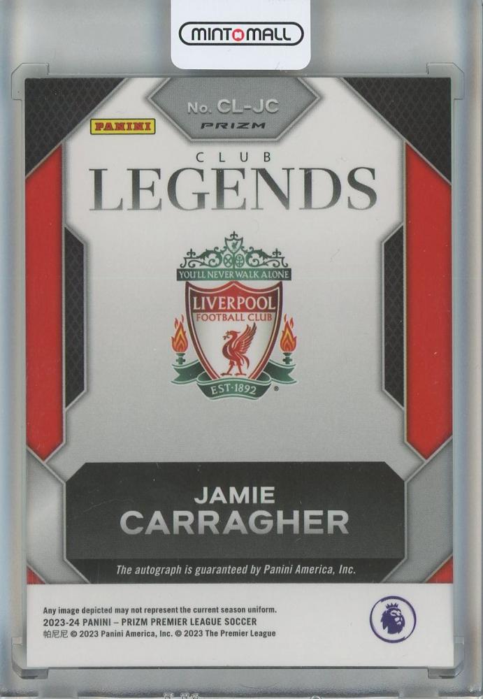 2023-24 Panini Prizm English Premier League Jamie Carragher Club Legends Signatures Prizms Green Pulsar #1 Liverpool FC