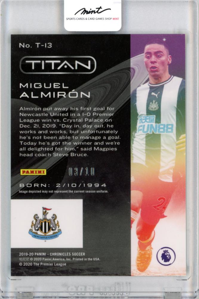 2019-20 Chronicles Miguel Almiron Titan Gold 3/10 trading card featuring player image and serial number