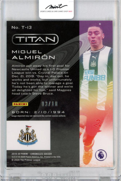2019-20 Chronicles Miguel Almiron Titan Gold 3/10 trading card featuring player image and serial number