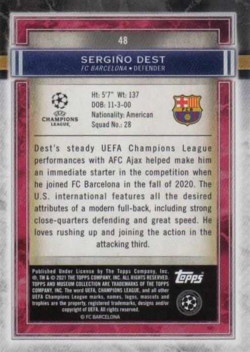 2020-21 Topps Museum Collection Sergino Dest Copper UEFA Champions League card number 48 out of 99 with minor surface stain