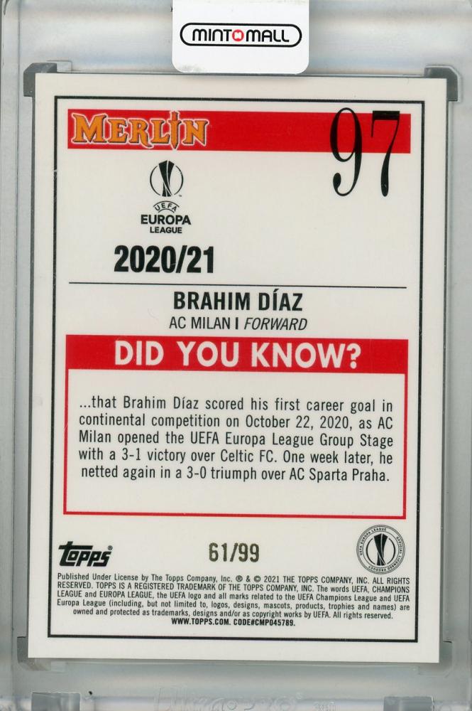 2020-21 Topps Merlin Chrome UEFA Champions League AC Milan Brahim D?az Green Base Parallel Rookie Card 61/99