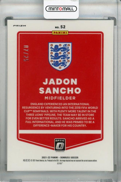 2021-22 Donruss Soccer Road to Qatar England Jadon Sancho Base Optic Black Velocity Parallel card numbered 07 of 25