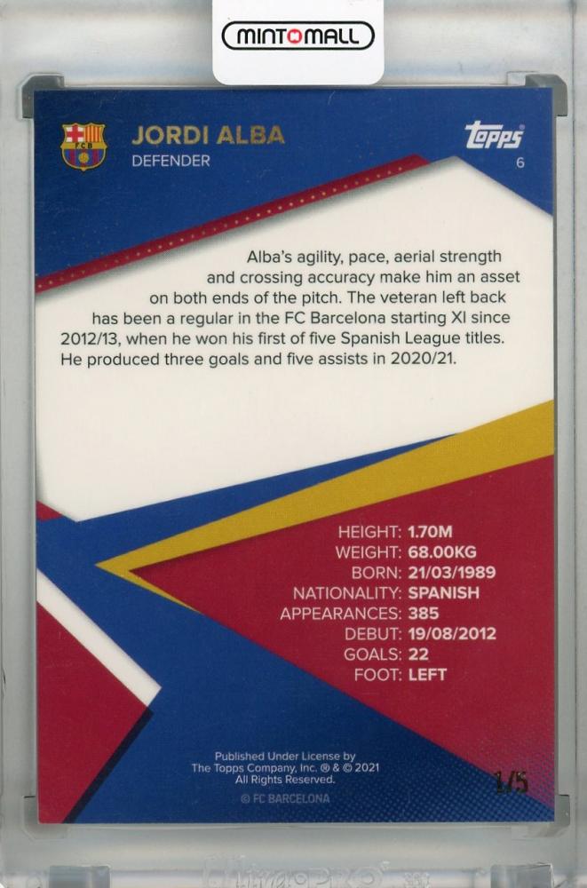 2021-22 Topps FC Barcelona Team Set Jordi Alba Base Red 1 of 5 trading card