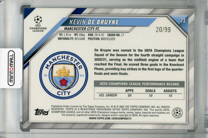 2021-22 Topps UEFA Champions League Kevin De Bruyne Manchester City Icy Blue Parallel trading card serial 20 of 99