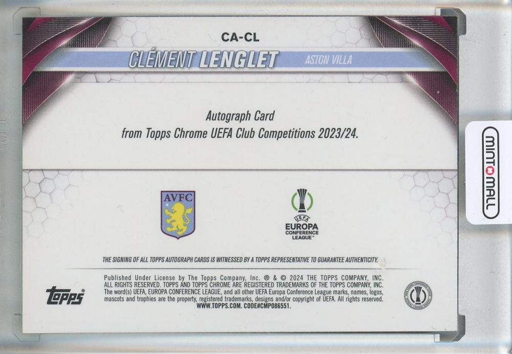 2023-24 Topps Chrome UEFA Club Competitions Clement Lenglet Autographs Green Mojo Refractors #CACL43/99 Aston Villa