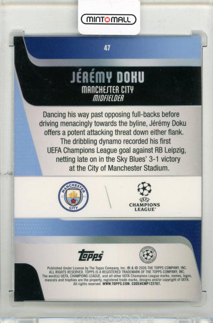 2025-26 TOPPS UEFA Club Competitions Jeremy Doku Blue Raindrops #47121/150 Manchester City