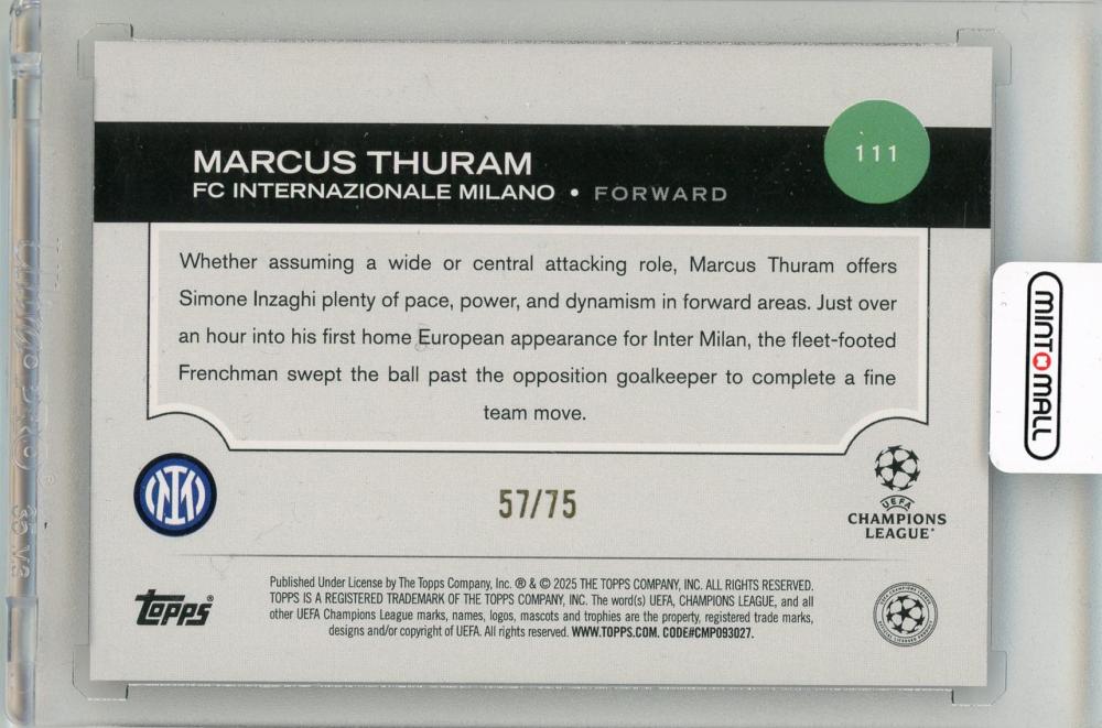 2024-25 TOPPS Chrome UEFA Club Competitions Marcus Thuram Magenta Parallel #11157/75 FC Internazionale Milano