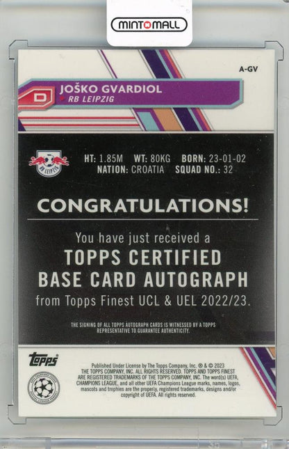 2022-23 TOPPS Finest UEFA Club Competitions Josko Gvardiol Autographs #AGV RB Leipzig