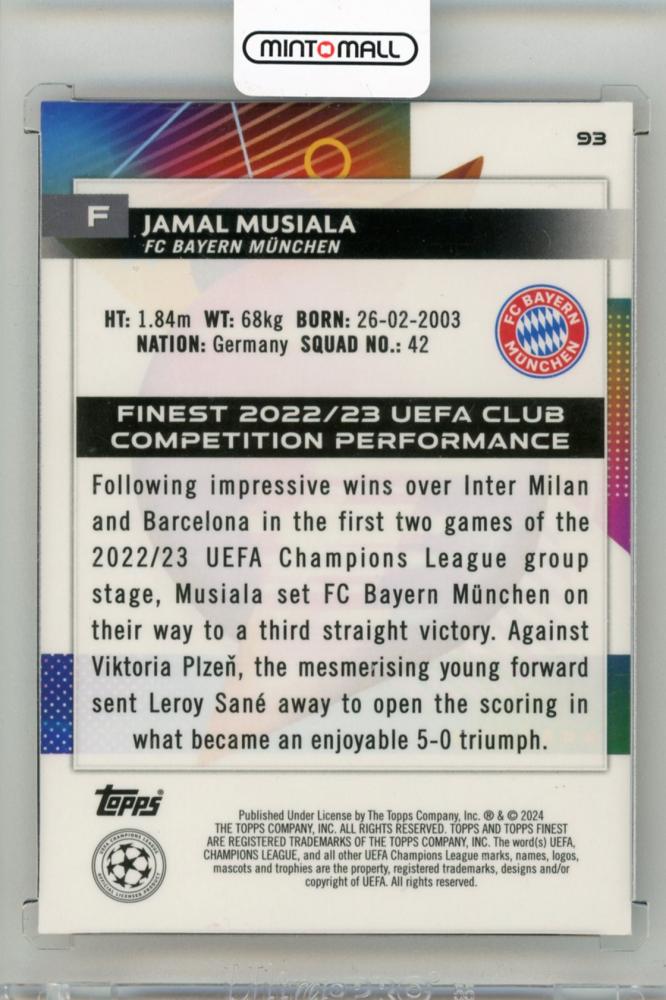 2023-24 TOPPS Finest UEFA Club Competitions Jamal Musiala Orange Refractors #9312/25 FC Bayern Munchen