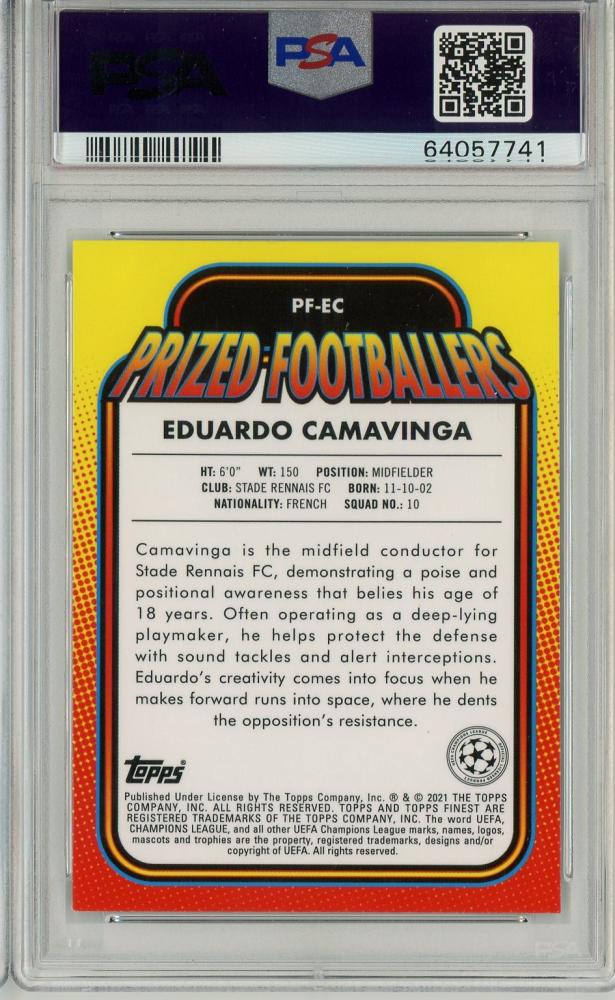 2020-21 Topps Chrome UEFA Champions League Eduardo Camavinga Prized Footballers PSA10 trading card