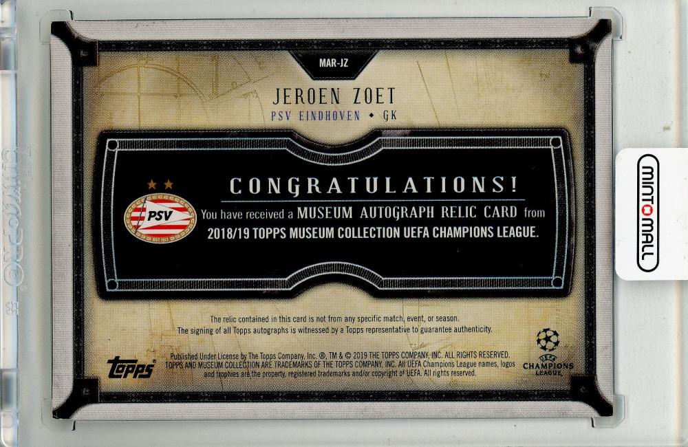 2018-19 TOPPS Museum Collection UEFA Champions League Jeroen Zoet Autograph Relics Sapphire #MARJZ08/75 PSV Eindhoven