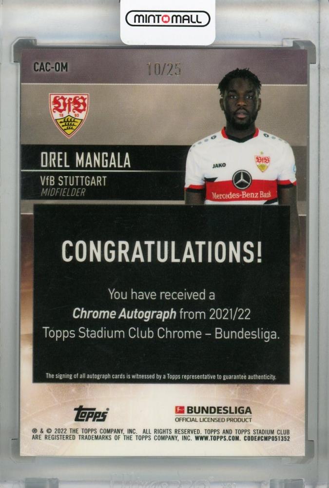 2021-22 Topps Stadium Club Chrome Bundesliga Orel Mangala VfB Stuttgart autograph Orange Prism card 10 of 25