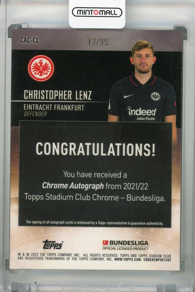 2021-22 Topps Stadium Club Chrome Bundesliga Christopher Lenz Neon Green autograph card serial number 12 of 99