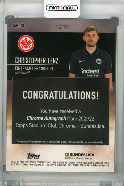 2021-22 Topps Stadium Club Chrome Bundesliga Christopher Lenz Neon Green autograph card serial number 12 of 99