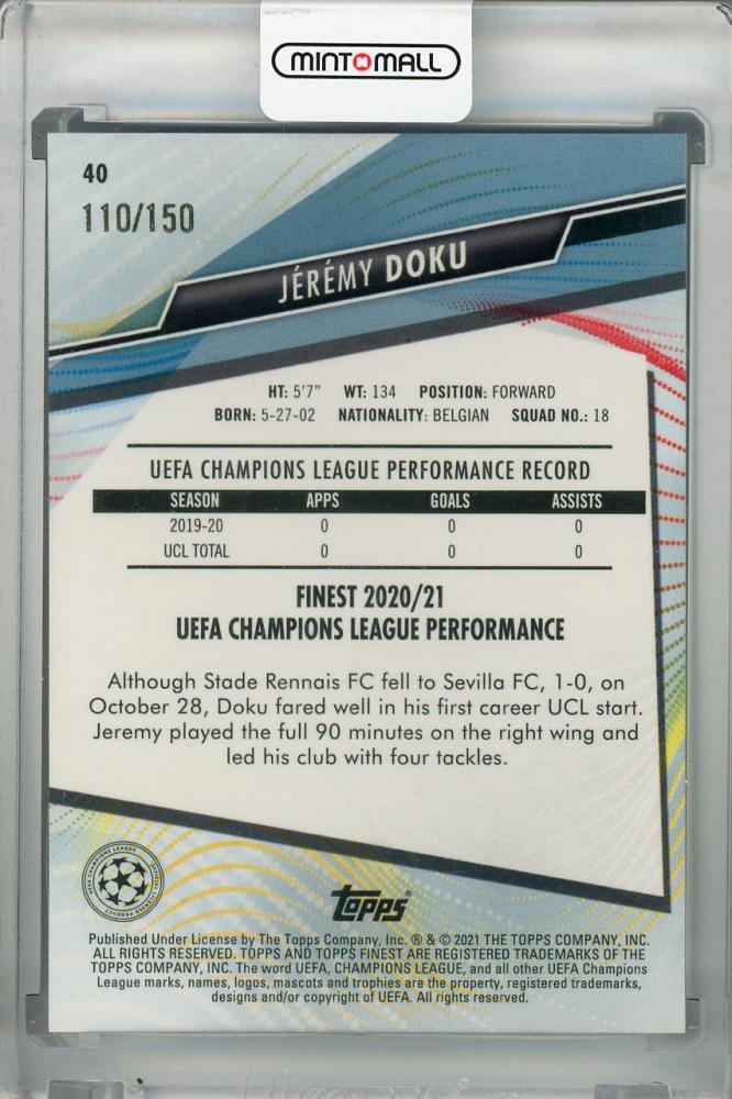 2020-21 Topps Finest UEFA Champions League Jeremy Doku Stade Rennais FC Blue Parallel card serial 110 of 150