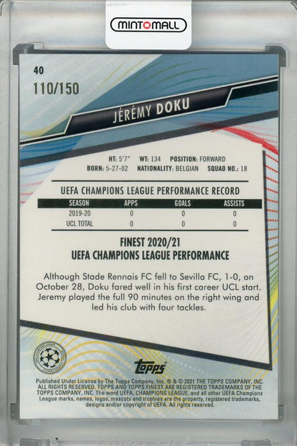 2020-21 Topps Finest UEFA Champions League Jeremy Doku Stade Rennais FC Blue Parallel card serial 110 of 150