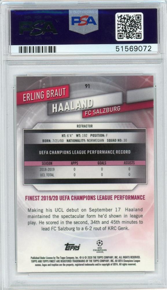 2019-20 Topps Finest UEFA Champions League FC Salzburg Erling Braut Haaland Base Refractor RC PSA 9 Parallel Card