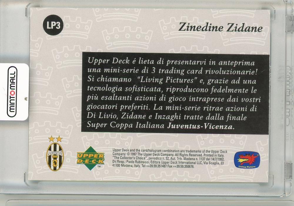 1997-98 Upper Deck Zinedine Zidane Lenticular hologram card LP3 showing Zinedine Zidane in action